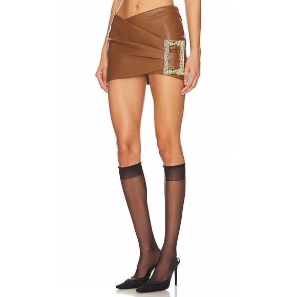 New w tags Nana Jacqueline Brown leather Mini Skirt size XS with gold frame - Picture 1 of 10